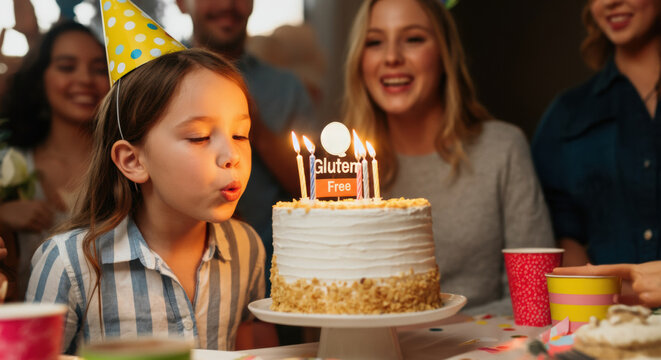 Girl blows out birthday candles as friends celebrate at a festive party