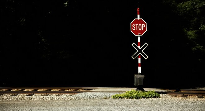Stop sign at a quiet railroad crossing beside empty tracks and gravel under dark sky