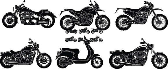 Motorcycle silhouette set, scooter icons, cruiser bike, sport motorcycle, chopper vector, dirt bike, black transport illustration