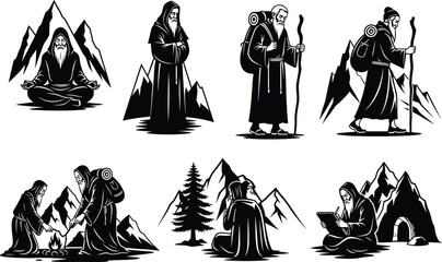 Mountain monk illustration, spiritual journey, campfire scene, writing pose, meditation, walking figure, nature solitude, vector art, robe, staff