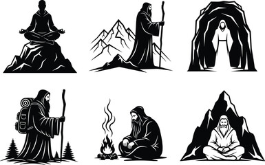 Mountain monk illustration, spiritual journey, cave meditation, campfire scene, nature solitude, walking pose, vector art, robe figure, staff, wilderness