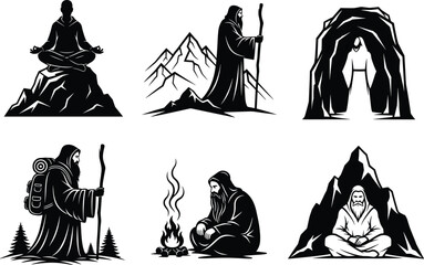 Mountain monk illustration, spiritual journey, lantern walk, cave meditation, campfire scene, nature solitude, vector art, robe figure, staff, wilderness