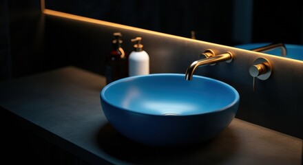 Blue ceramic bowl sits on a bathroom counter beneath warm backlit faucet