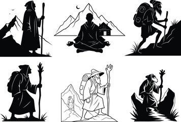 Mountain traveler illustration, robed figure, walking stick, spiritual journey, nature solitude, meditation pose, wilderness scene, vector art, hiking, exploration