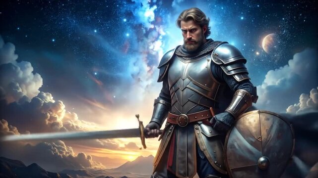 Knight in shining armor stands with sword and shield under a dramatic sky with celestial elements