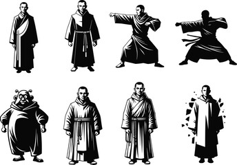Stylized monk silhouettes, martial arts pose, cartoon monk, book figure, fragmented monk, robe, vector art, black and white, dynamic