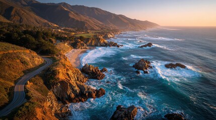 Obraz premium Coastal view of rocky shore and ocean at sunset with winding road in California