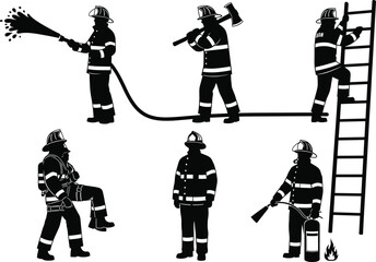 Firefighter silhouette vector, emergency rescue, fire hose, ladder climb, fire extinguisher, axe, bravery, teamwork, black background, uniform gear