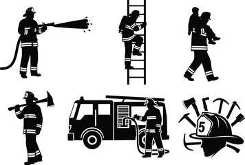 Firefighter silhouette vector, emergency rescue, fire hose, ladder climb, axe, child rescue, fire truck, gear tools, black background, bravery
