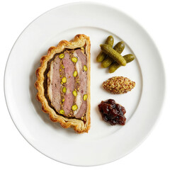 Delicious gourmet appetizer of pate en croute meat pie. This terrine with golden pastry crust looks elegant