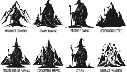 Wizard silhouette illustration, artistic styles, mountain background, staff pose, pointed hat, abstract design, fantasy character, vector art, style comparison