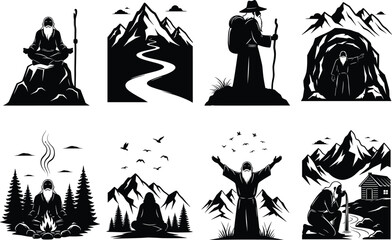 Bearded monk illustration, spiritual journey, campfire meditation, cave solitude, mountain path, nature connection, vector art, wilderness, staff, backpack