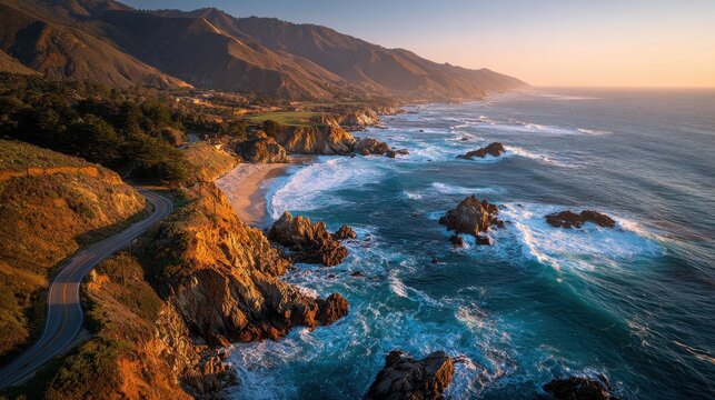 Coastal view of rocky shore and ocean at sunset with winding road in California