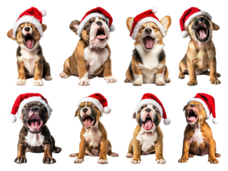 PNG Adorable puppies wearing Santa hats, element set on transparent background