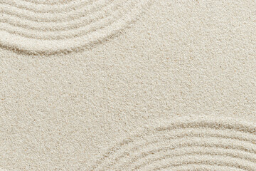 Smooth simple Lines on sand background, minimal aesthetic sandy texture. Spa, meditation, relaxation, wellness concept. Natural beige waves pattern in Japanese zen garden. View from above copy space