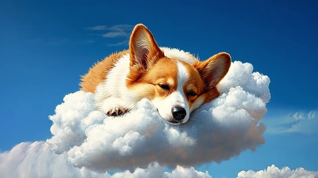 A cute corgi dog sleeping on a fluffy cloud in the sky. Animated pet dreaming in a fantasy setting. Imagination and comfort concept