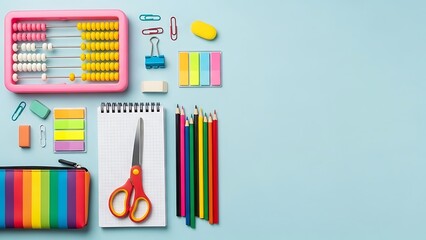 Colorful school supplies arranged neatly on a light blue background