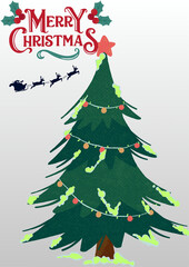 Merry Christmas greeting illustration with festive tree and Santa silhouette