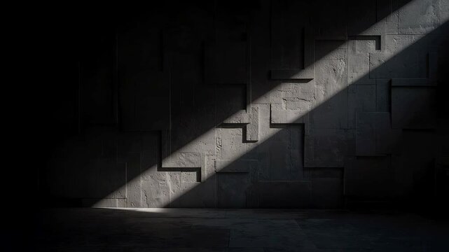 Dark textured concrete wall illuminated by a single dramatic beam of light creating strong contrast, deep shadows and a minimalist atmospheric scene