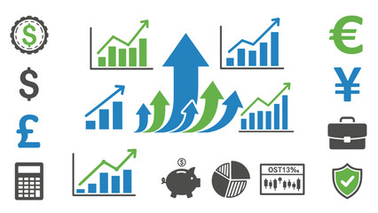 Financial growth chart business investment strategy graph stock market analysis currency symbols and icons set