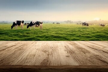 Empty wooden table top with cows in meadow and sunrise background.