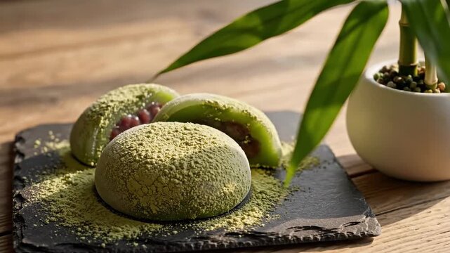 Traditional Japanese Matcha Mochi Dessert Served on a Slate Plate.