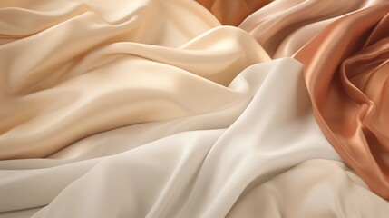 Soft cream satin fabric with flowing folds and gentle highlights, presenting a refined and luxurious textile ideal for fashion and décor uses.