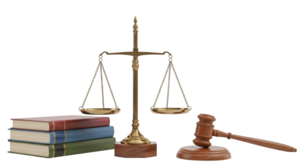 Still life with scales of justice books and gavel representing law on transparent background