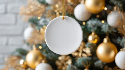 Christmas Ornament on a Festive Tree: A solitary blank ornament hangs gracefully amidst the shimmering gold and silver baubles and pine needles of a beautifully decorated Christmas tree.