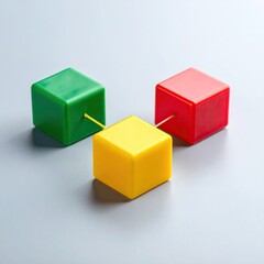 Three colored cubes connected by thin rods,  forming a  symmetrical,  abstract shape.  Bright green,  red,  and yellow cubes on a light gray surface