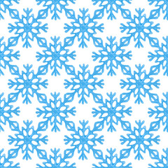 Beautiful geometric seamless pattern with blue snowflakes on an isolated background. Winter pencil drawing with snowflakes for winter themes and Christmas decorations.