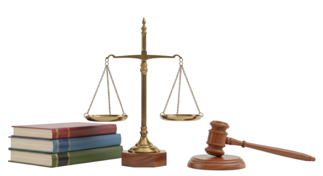 Still life with scales of justice books and gavel representing law on transparent background