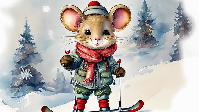 Cute watercolor animation of a mouse skiing. An adorable character in winter clothes for a Christmas greeting. Holiday fun concept