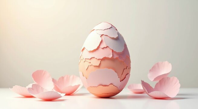 Broken easter egg with a pink shell and pink flowers