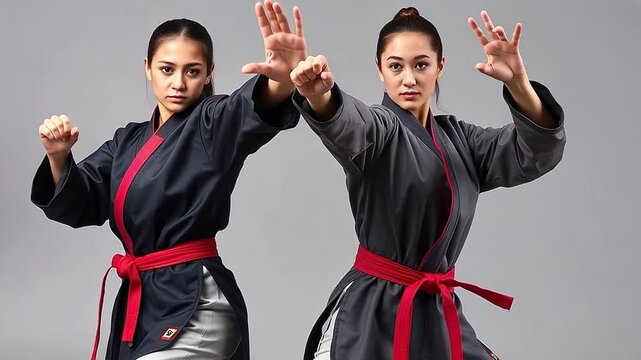 Two identical women in a martial arts fighting stance. Female fighters in uniform with red belts posing with power and focus. Self-defense and discipline concept