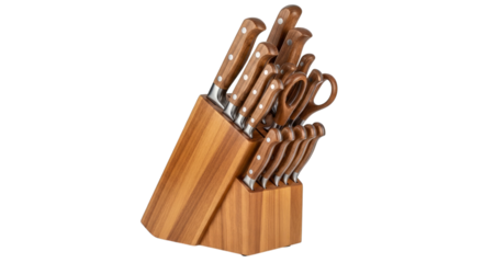 Wooden block containing a set of kitchen knives and kitchen shears on transparent background