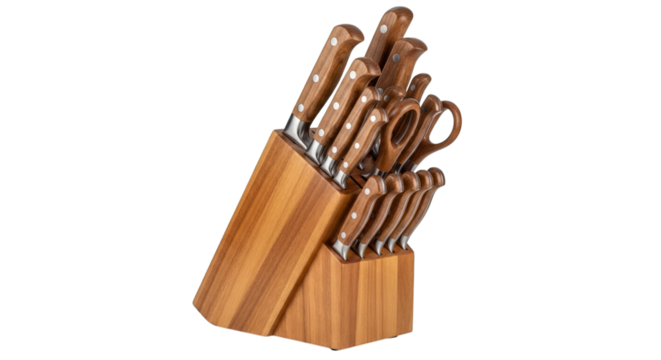 Wooden block containing a set of kitchen knives and kitchen shears on transparent background