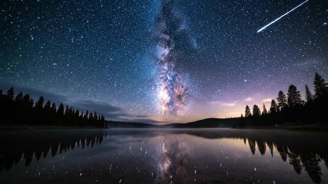 Milky Way arches over still lake, trees silhouetted