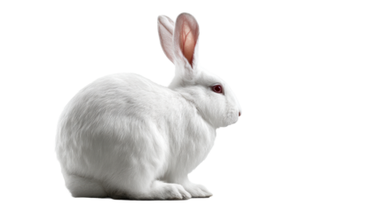 A white rabbit with bright red eyes and soft fur sits calmly, its ears perked and attentive, perfect for Easter promotions and animalthemed visuals.