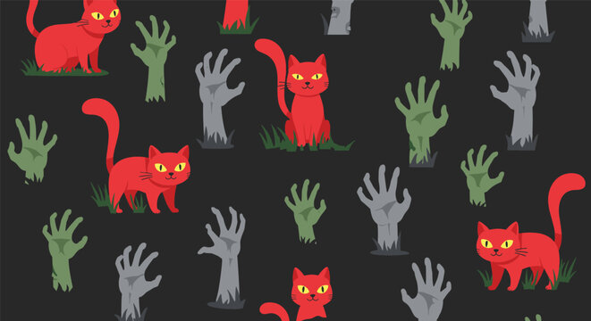 Spooky and fun Halloween seamless pattern with bright red cats and creepy green and gray zombie hands rising from graves at night.