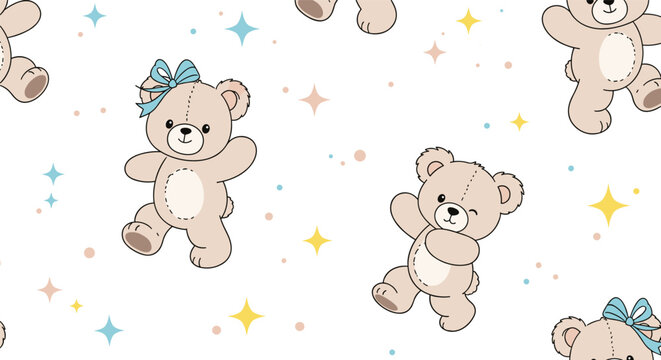 Cute and playful seamless pattern for children featuring adorable teddy bears waving and dancing among colorful sparkling stars.