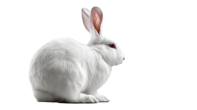 A white rabbit with bright red eyes and soft fur sits calmly, its ears perked and attentive, perfect for Easter promotions and animalthemed visuals.