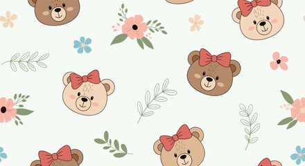 Fototapeta premium Sweet and delicate seamless pattern with the faces of girl teddy bears wearing pink bows, surrounded by flowers and leaves on a mint green background.