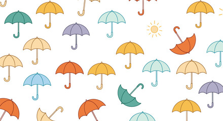 Light and cheerful seamless pattern with a variety of colorful umbrellas scattered across a white background, with a small shining sun.