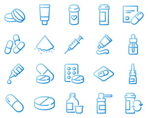 Simple Set of Pills Related Vector Line Icons. Contains such icons as Gel, Inhaler, Prescription, Syrup and more.	