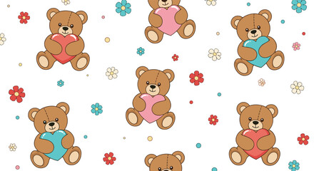 Obraz premium Sweet and colorful seamless pattern for Valentine's Day or baby showers with cute teddy bears holding hearts among scattered flowers.