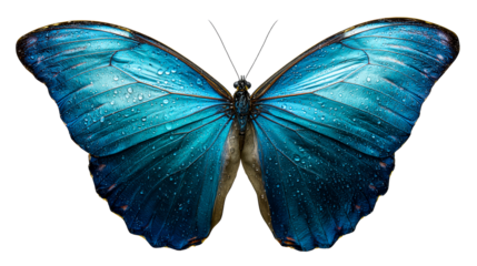 Stunning close up of a vibrant blue butterfly wing covered in sparkling water droplets, perfect for nature and science themes