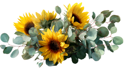 Vibrant sunflower and eucalyptus arrangement creating a cheerful and natural composition perfect for seasonal decor and springtime celebrations