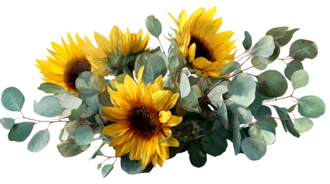 Vibrant sunflower and eucalyptus arrangement creating a cheerful and natural composition perfect for seasonal decor and springtime celebrations