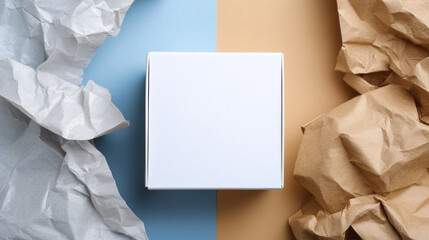 Fototapeta premium Minimalist composition with a blank white square box centered on a split blue and beige background surrounded by crumpled white and brown paper